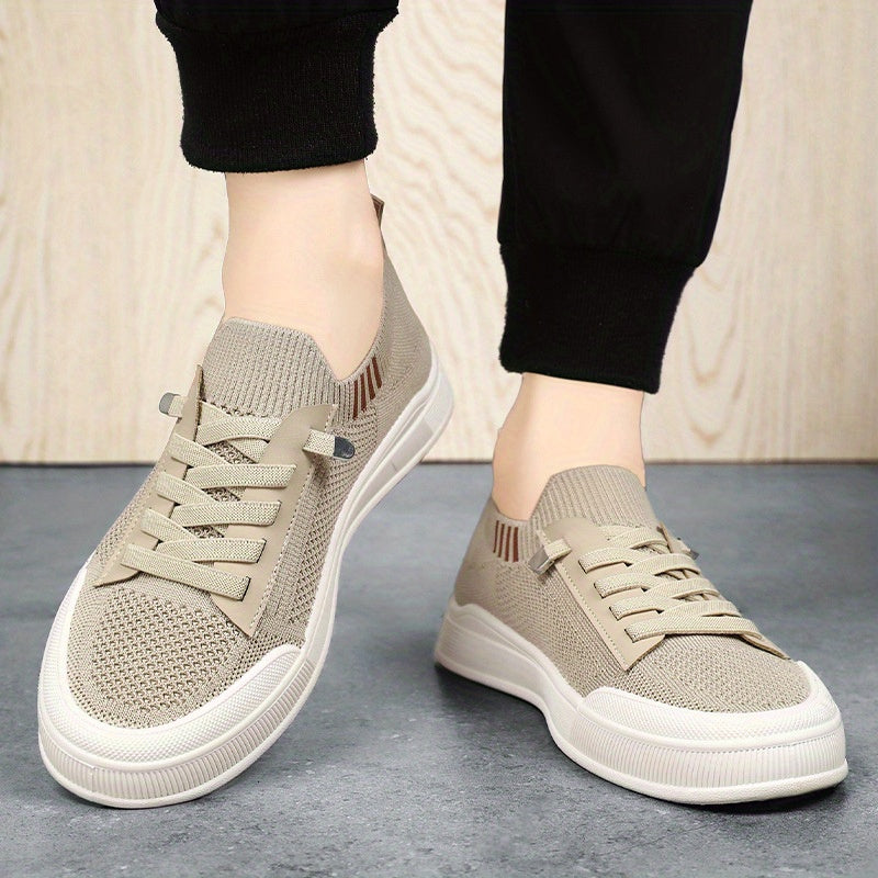 1 Pair ADO STAP Men's Slip-On Sneakers with Elastic Lace-Up Closure, Woven Mesh Upper & Soft PVC Sole - Breathable Casual Shoes for Outdoor Walking, Travel, Daily Wear (Black/Grey/Green/Beige), Shoes Sneakers, Travel Footwear