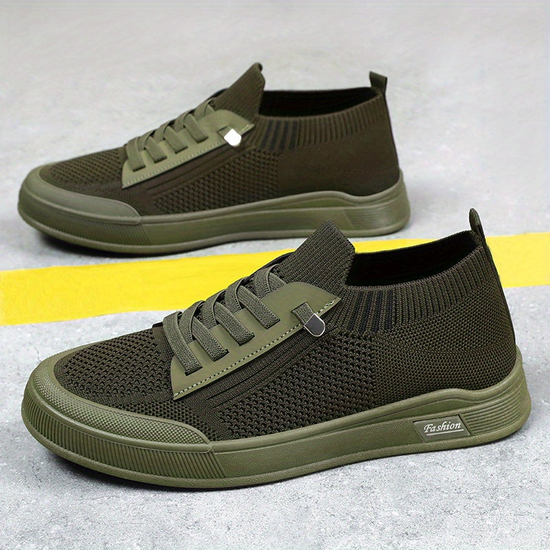 1 Pair ADO STAP Men's Slip-On Sneakers with Elastic Lace-Up Closure, Woven Mesh Upper & Soft PVC Sole - Breathable Casual Shoes for Outdoor Walking, Travel, Daily Wear (Black/Grey/Green/Beige), Shoes Sneakers, Travel Footwear