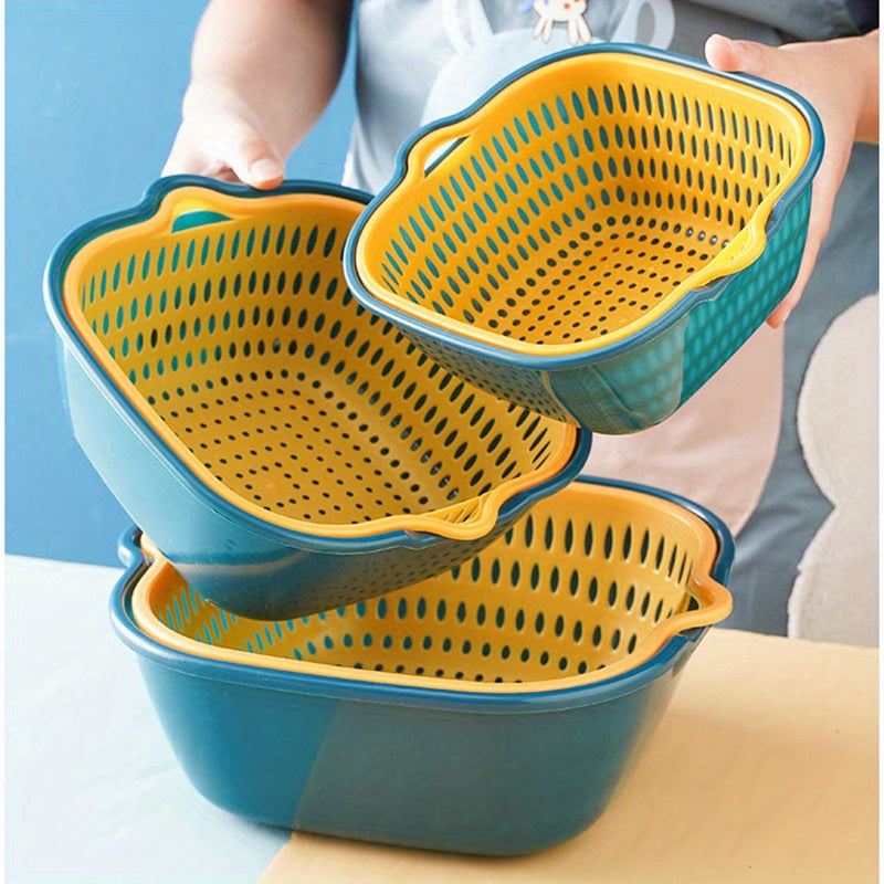 6-Piece Plastic Colander Set, Double-Layer Drain Basket, Reusable Kitchen Strainers for Rinsing Fruits and Vegetables, Multipurpose Kitchen Tools and Accessories