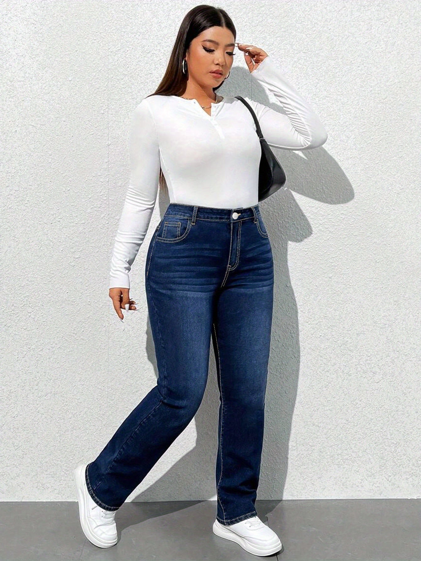 Women'S High-Waisted Straight Leg Jeans, 68.5% 25.7% Polyester 4.3% Viscose 1.5% Elastane, Casual Skinny Fit Denim Pants with Zipper Fly, All-Season Solid Color, 300g/m² Fabric Weight, Long Length - No Belt Required