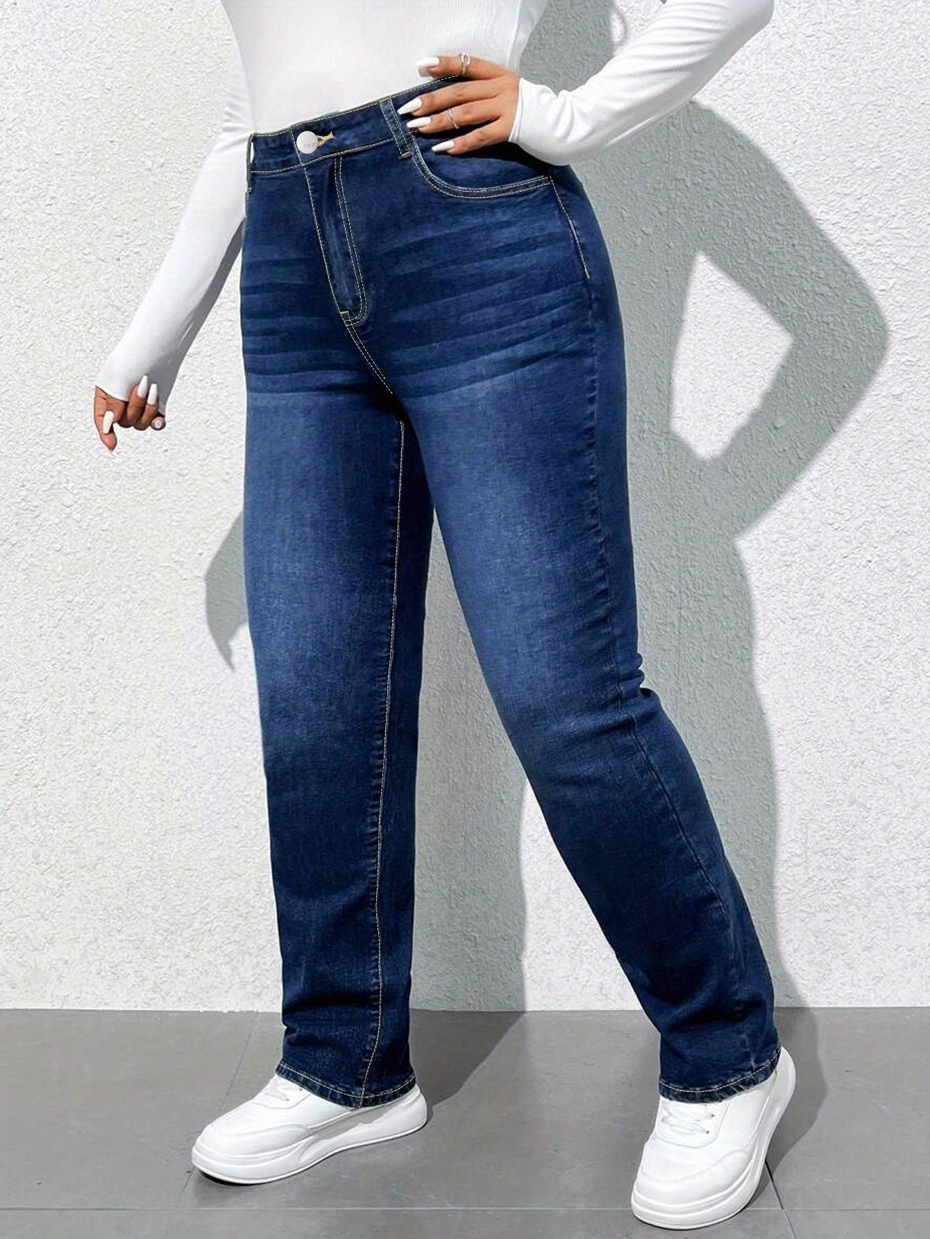 Women'S High-Waisted Straight Leg Jeans, 68.5% 25.7% Polyester 4.3% Viscose 1.5% Elastane, Casual Skinny Fit Denim Pants with Zipper Fly, All-Season Solid Color, 300g/m² Fabric Weight, Long Length - No Belt Required