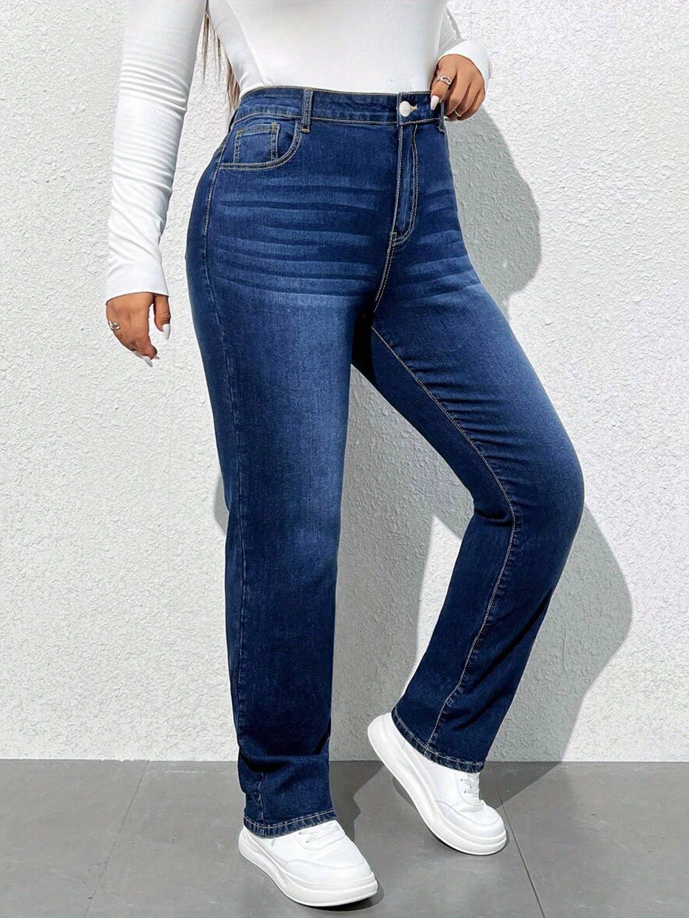 Women'S High-Waisted Straight Leg Jeans, 68.5% 25.7% Polyester 4.3% Viscose 1.5% Elastane, Casual Skinny Fit Denim Pants with Zipper Fly, All-Season Solid Color, 300g/m² Fabric Weight, Long Length - No Belt Required