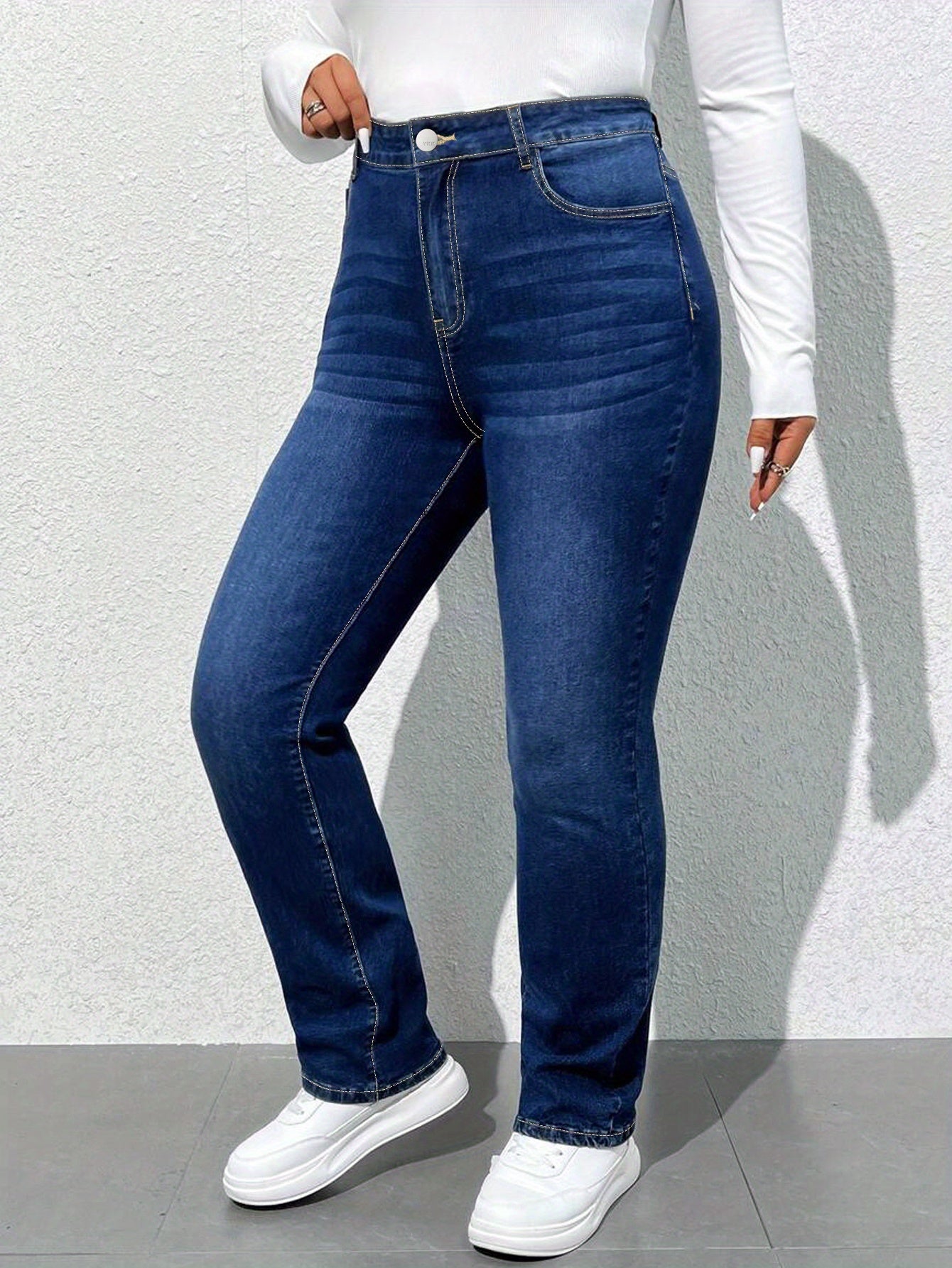 Women'S High-Waisted Straight Leg Jeans, 68.5% 25.7% Polyester 4.3% Viscose 1.5% Elastane, Casual Skinny Fit Denim Pants with Zipper Fly, All-Season Solid Color, 300g/m² Fabric Weight, Long Length - No Belt Required