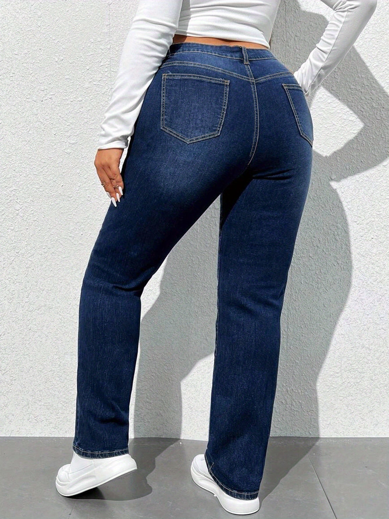 Women'S High-Waisted Straight Leg Jeans, 68.5% 25.7% Polyester 4.3% Viscose 1.5% Elastane, Casual Skinny Fit Denim Pants with Zipper Fly, All-Season Solid Color, 300g/m² Fabric Weight, Long Length - No Belt Required