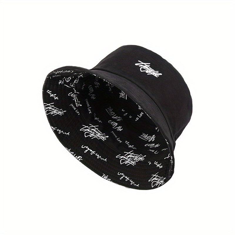 Reversible Men's Bucket Hat with Letter Print - Funky Style, Sun Protection & Versatile for Outdoor Activities, Foldable Sun Hat