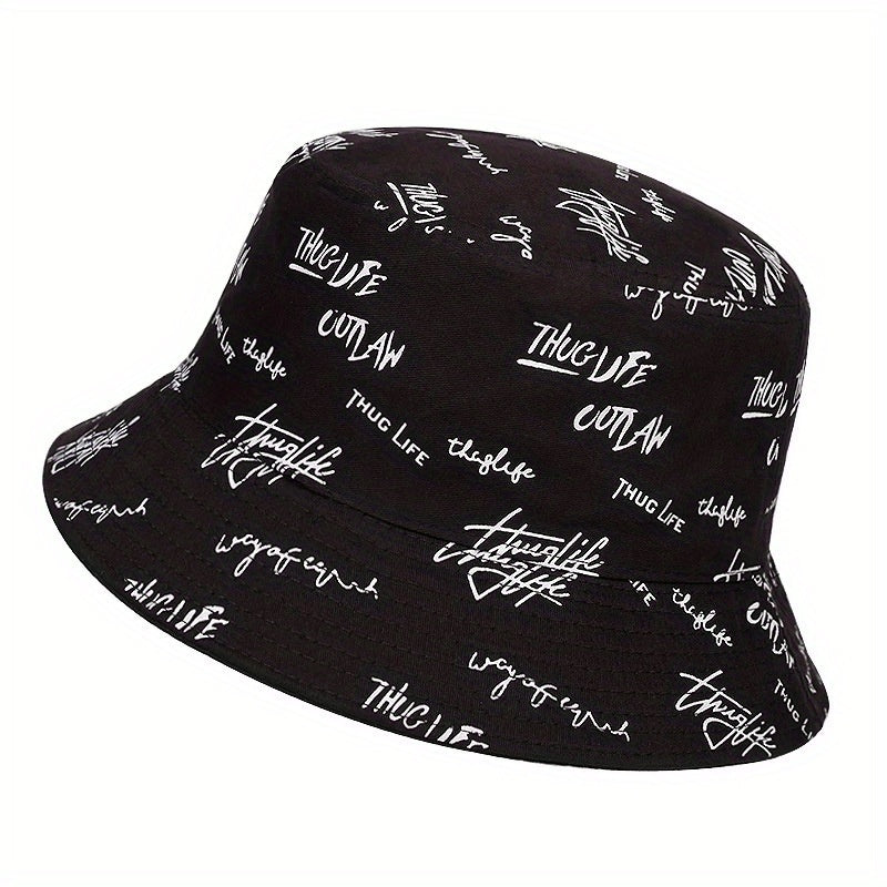 Reversible Men's Bucket Hat with Letter Print - Funky Style, Sun Protection & Versatile for Outdoor Activities, Foldable Sun Hat