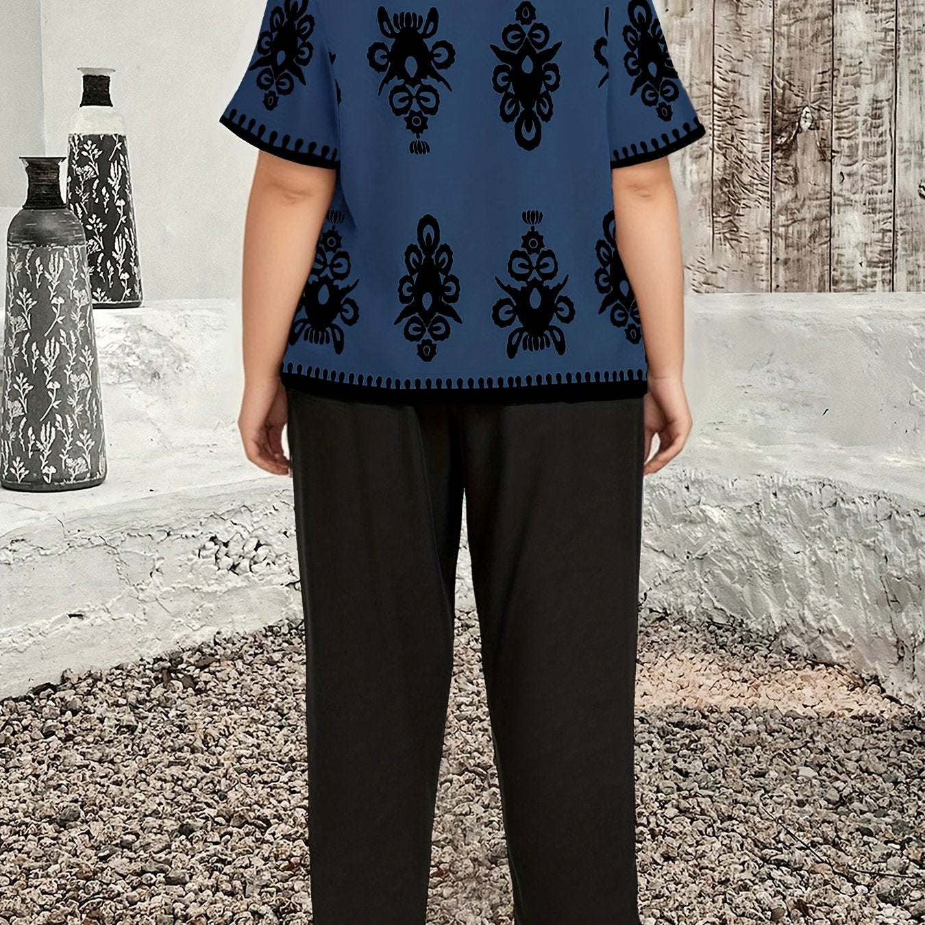 Plus Size Casual Country Print Loose Long Sleeve Pullover and Pants Two-Piece Set, Elegant Autumn Leonie