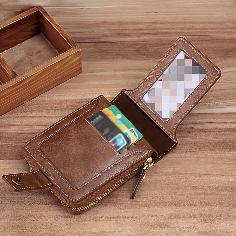 Men's Sleek Faux Leather Wallet with Tree Pattern - Compact Zippered Credit Card Holder & Coin Purse, Light Brown