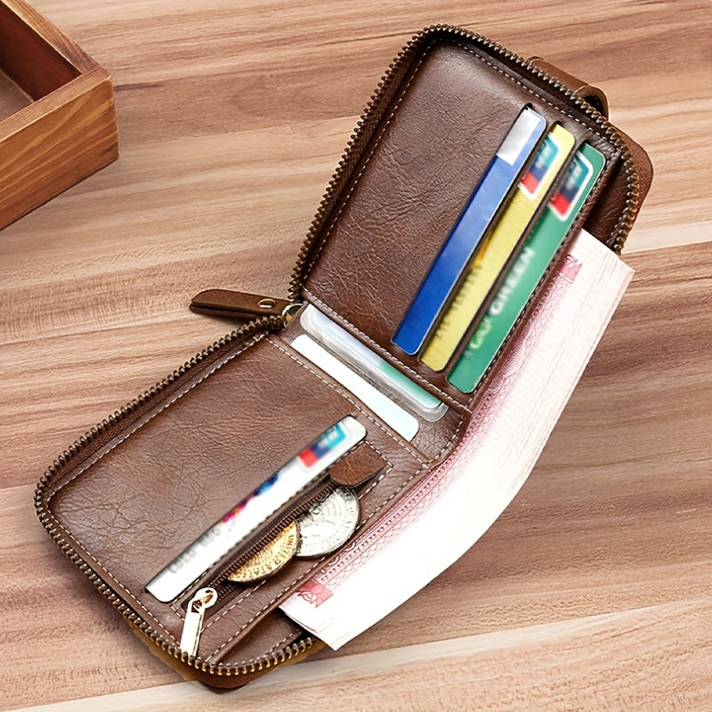 Men's Sleek Faux Leather Wallet with Tree Pattern - Compact Zippered Credit Card Holder & Coin Purse, Light Brown