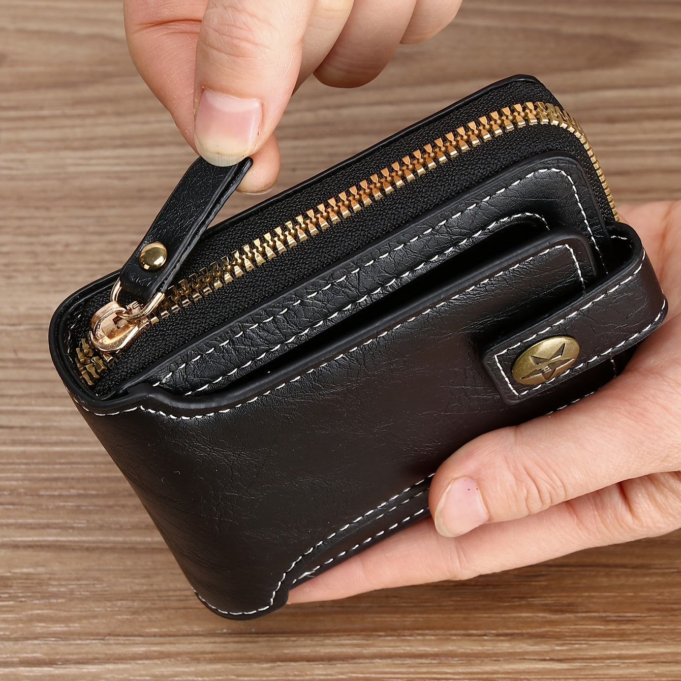 Men's Sleek Faux Leather Wallet with Tree Pattern - Compact Zippered Credit Card Holder & Coin Purse, Light Brown
