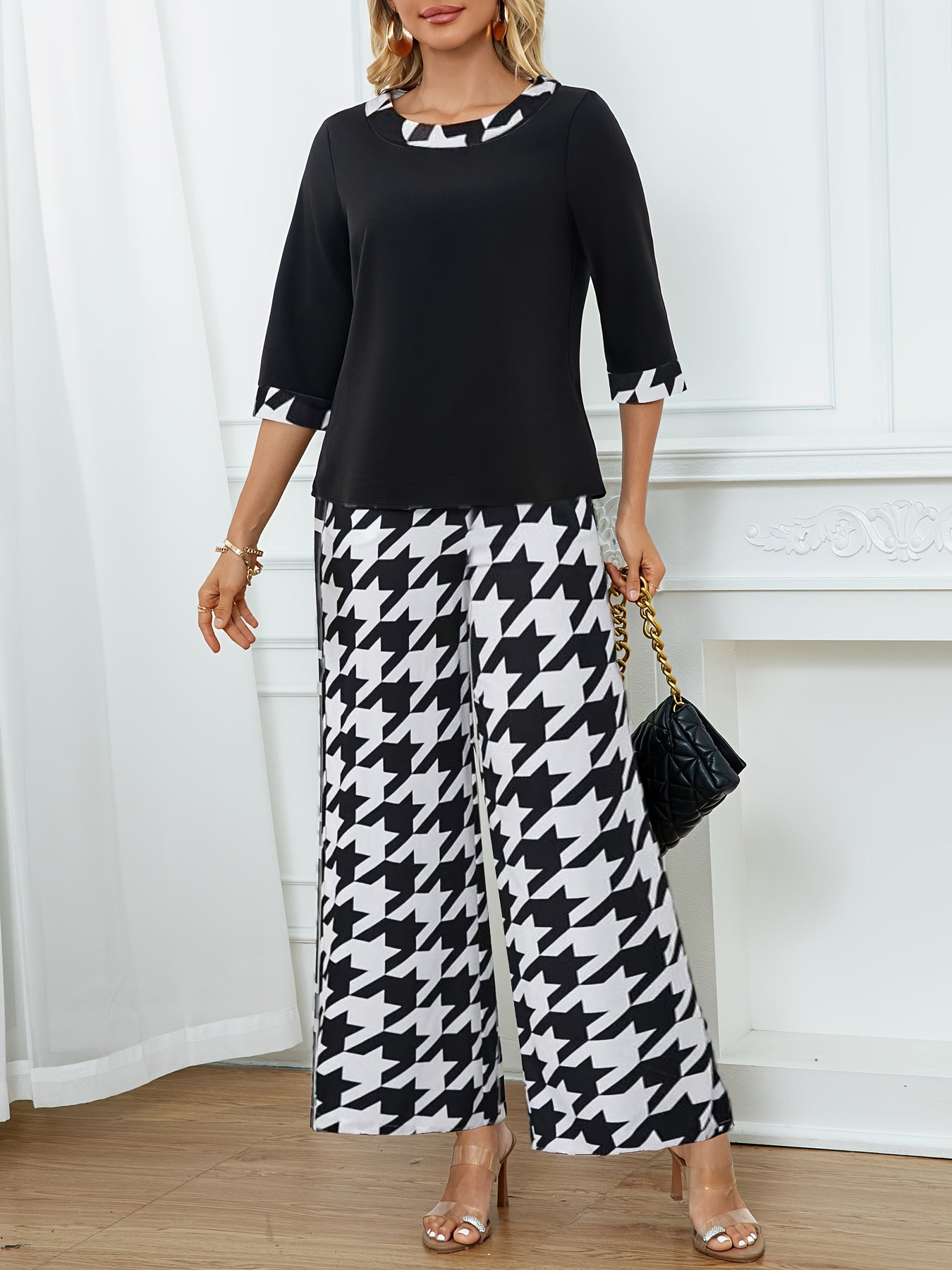 Women's Elegant Spliced Round Neck Top + Geometric Print Wide-Leg Pants Two-Piece Set