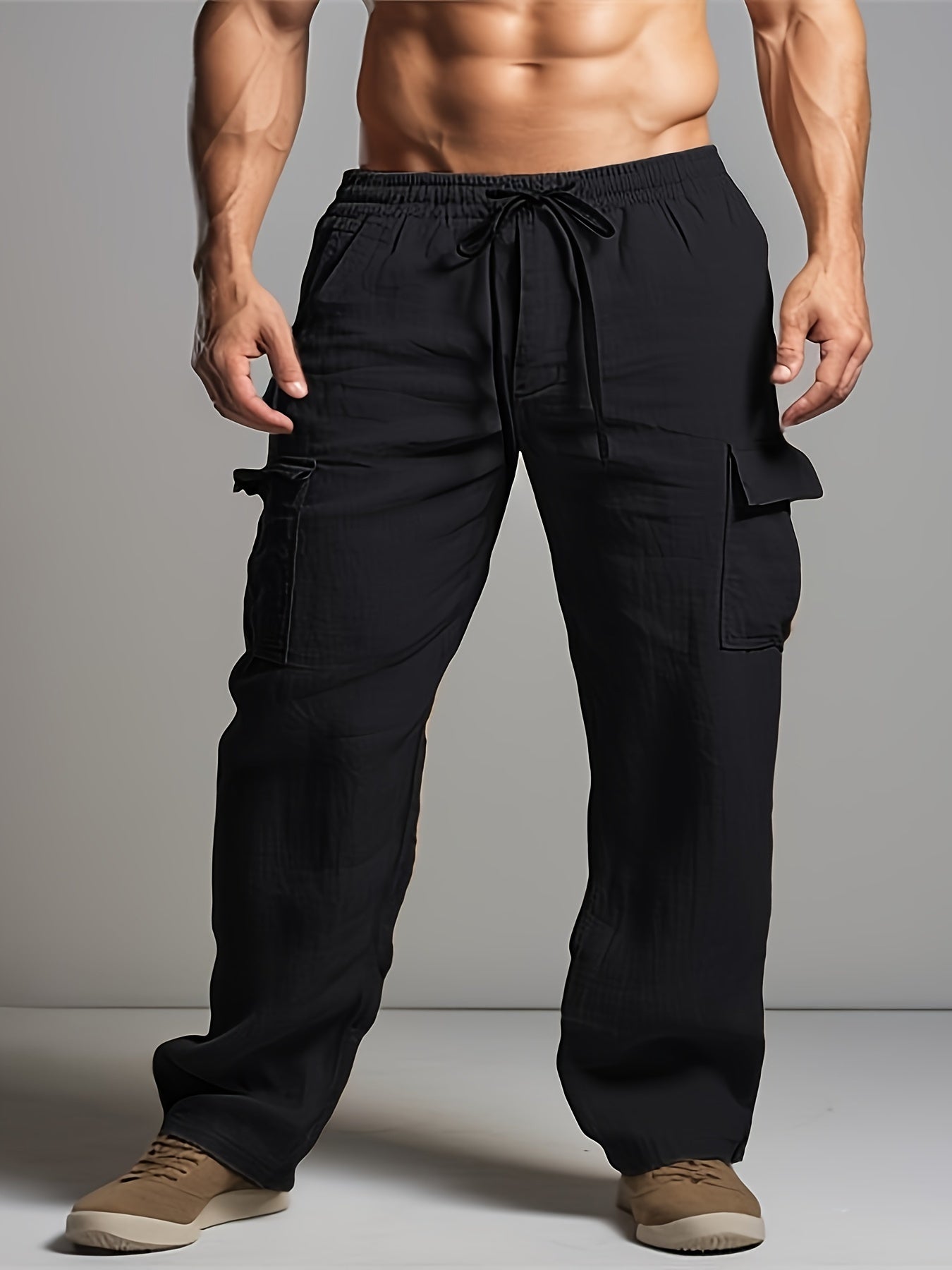 Solid Retro Men's Cotton And Linen Drawstring Long Trousers With Multiple Pockets, Outdoor Daily