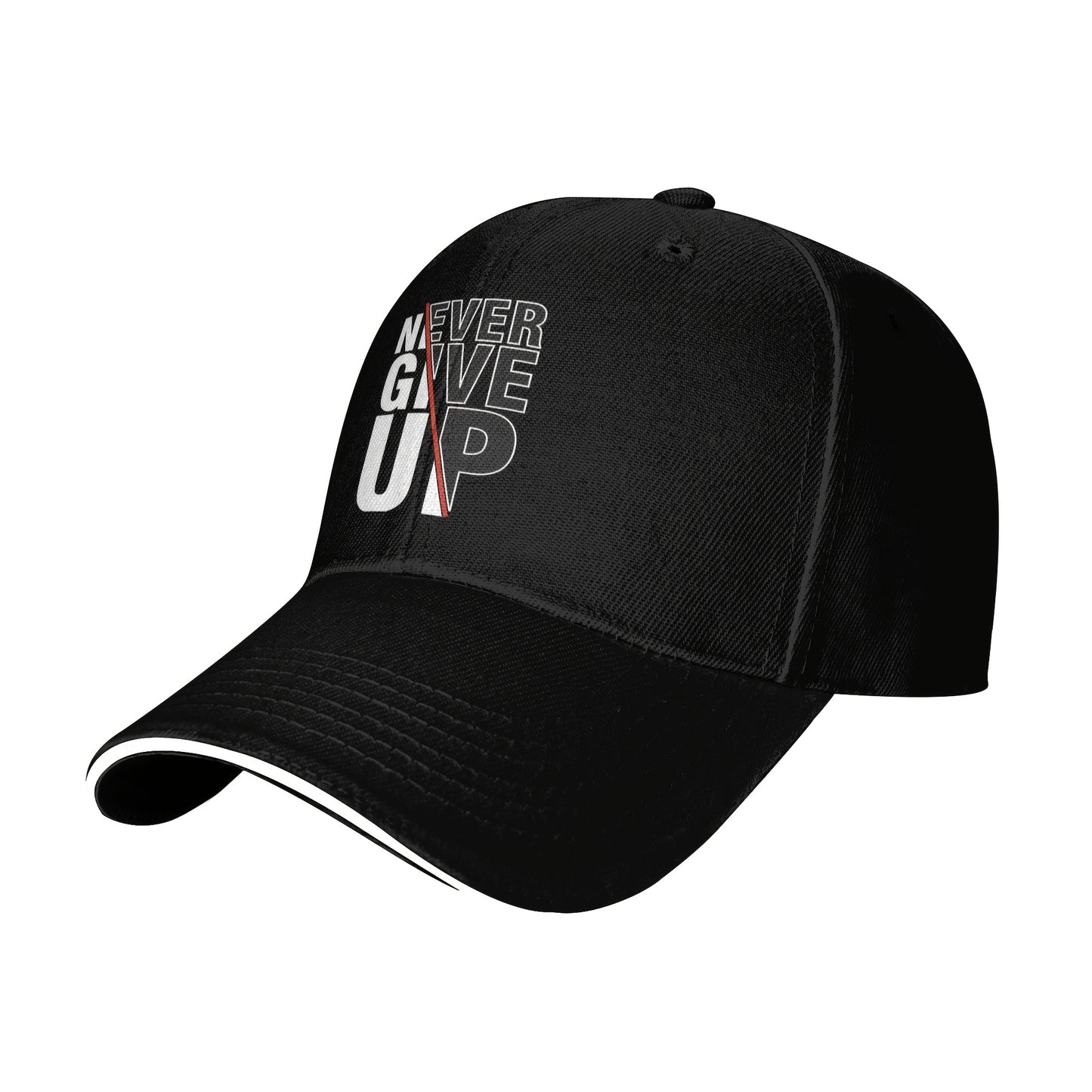 1 Pack Never Give Up Print Baseball Cap - Adjustable Snapback Dad Hat with Breathable Mesh Back, Funky Unisex Trucker Hat for Outdoor Fishing Driving, Black with White & Red Lettering, One Size Fits Most (53.34-63.5 cm)