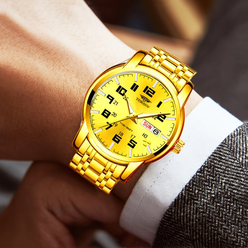 1pc New Stainless Steel with Digital Men's Watch Calendar Week Display Fashion Trend Life Travel Luminous Casual Sport Business Watch Ideal for Birthday Gifts Holiday Gifts Gifts