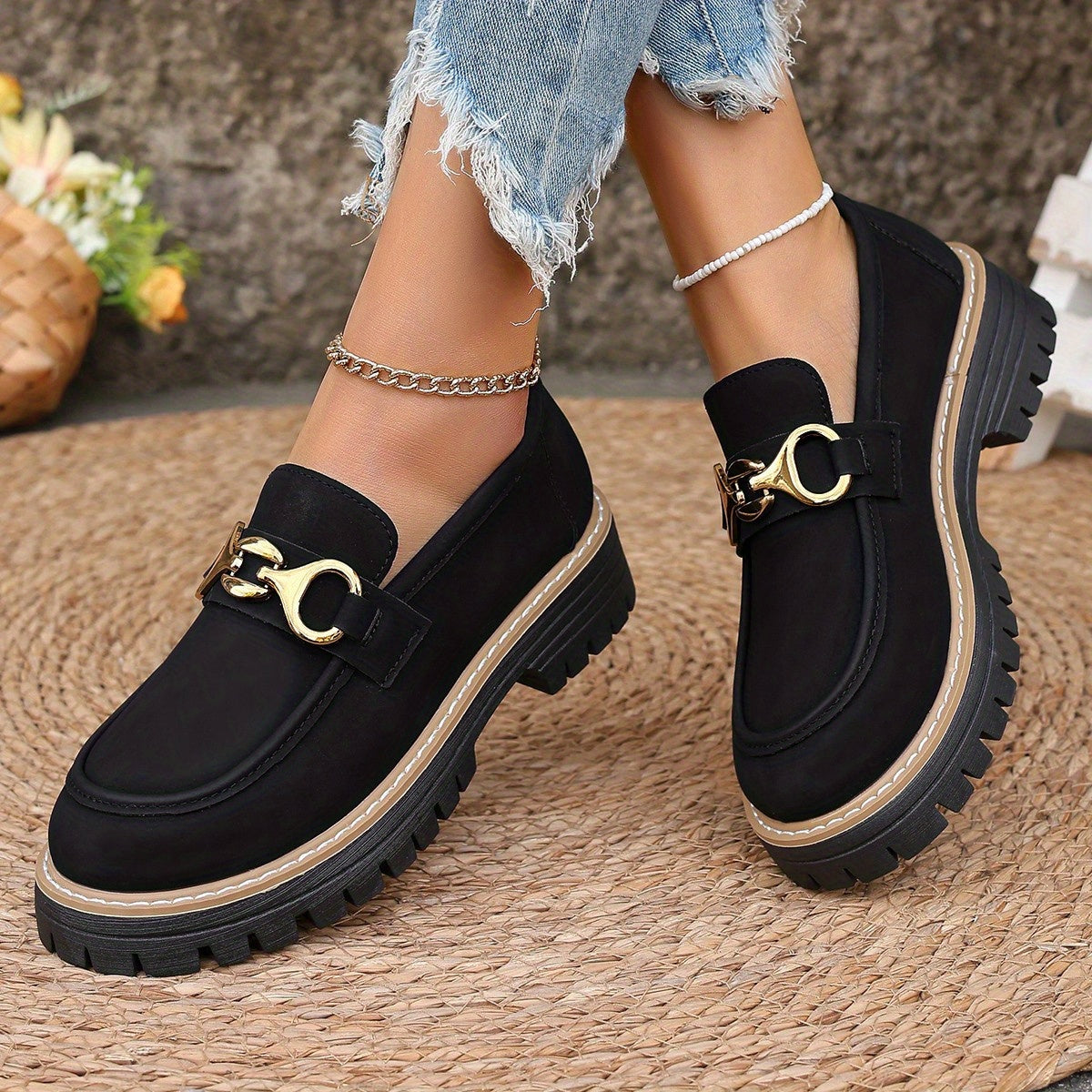 Women's Slip-On Loafers with Golden-Tone Metallic Accents - Synthetic Cover Upper, Non-Slip Rubber Sole, Round Toe Comfort - All-Season Casual & Formal Shoes (Black), Ladies Shoes