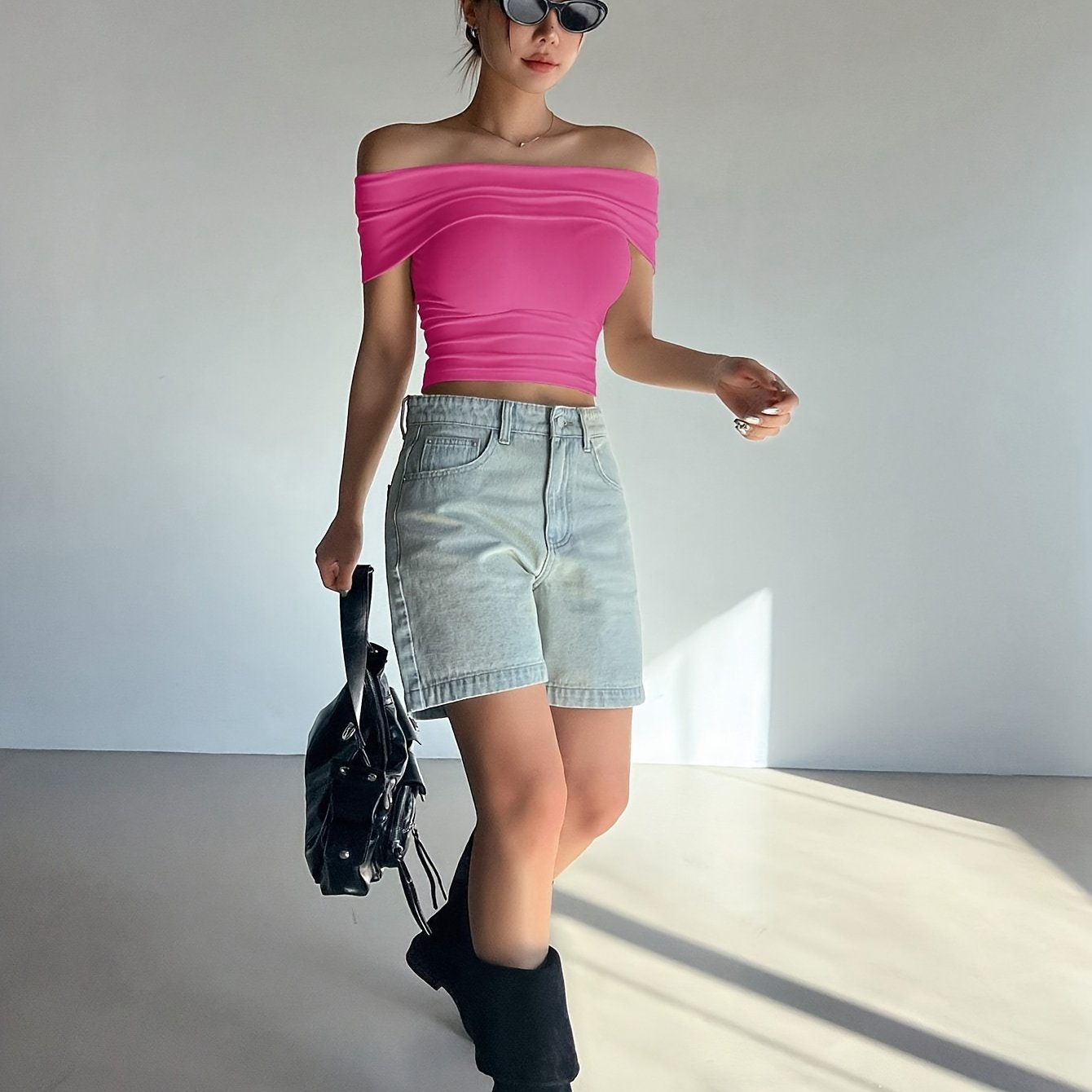 Chic Comfort| Elegant Women's Light Pink Off-Shoulder Ruched Crop Top - Slim Fit, Solid Color, Polyester & Elastane Blend, Machine Washable for Summer, Casual Wear|Chic Offshoulder Top|Delicate Texture