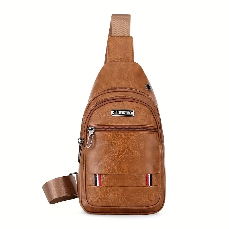 Men'S Vintage Faux Leather Chest Bag - Crossbody Sling Style, Multi-Layer Zippered Front, Brown with Red & White Stripes, Perfect for Casual Outings, Crossbody Bag, Secure Zipper Closure