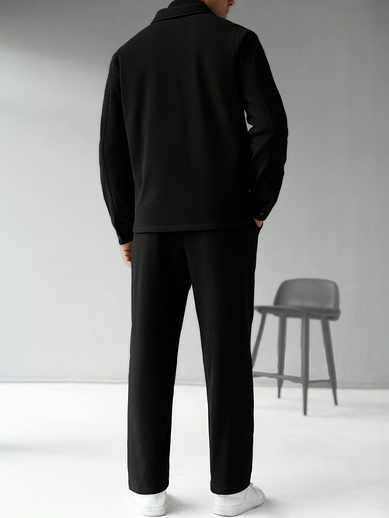 Men'S Two-Piece Casual Outfit - Black Button-Up Shirt & Pants, Long Sleeve, Loose Fit, Non-Stretch Fabric, Perfect for Spring/Fall, Casual Attire|Relaxed Fit|Buttonup Shirt