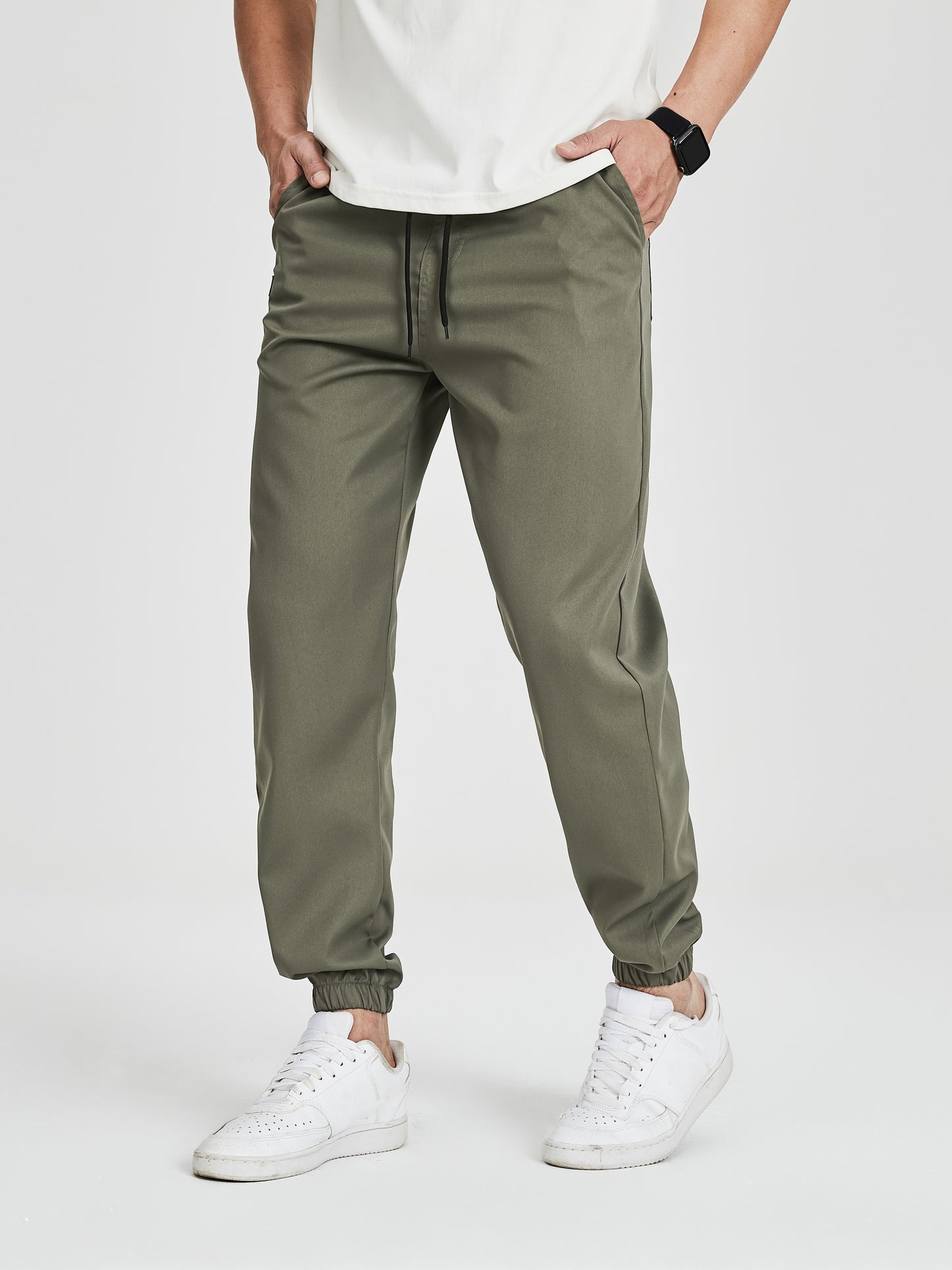 Men's Solid Color Drawstring Cargo Pants - Casual, Loose Fit with Multiple Pockets, Machine Washable