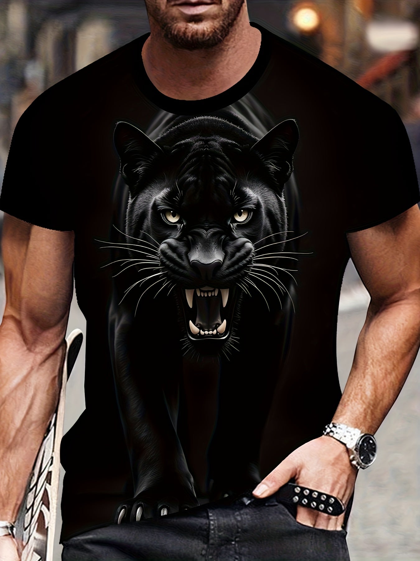 Men's 3D Animal Print T-Shirt, Black Leopard Pattern, New Fashion Trendy Casual Comfortable Tee, Stylish Short Sleeve Top for Summer Daily Wear