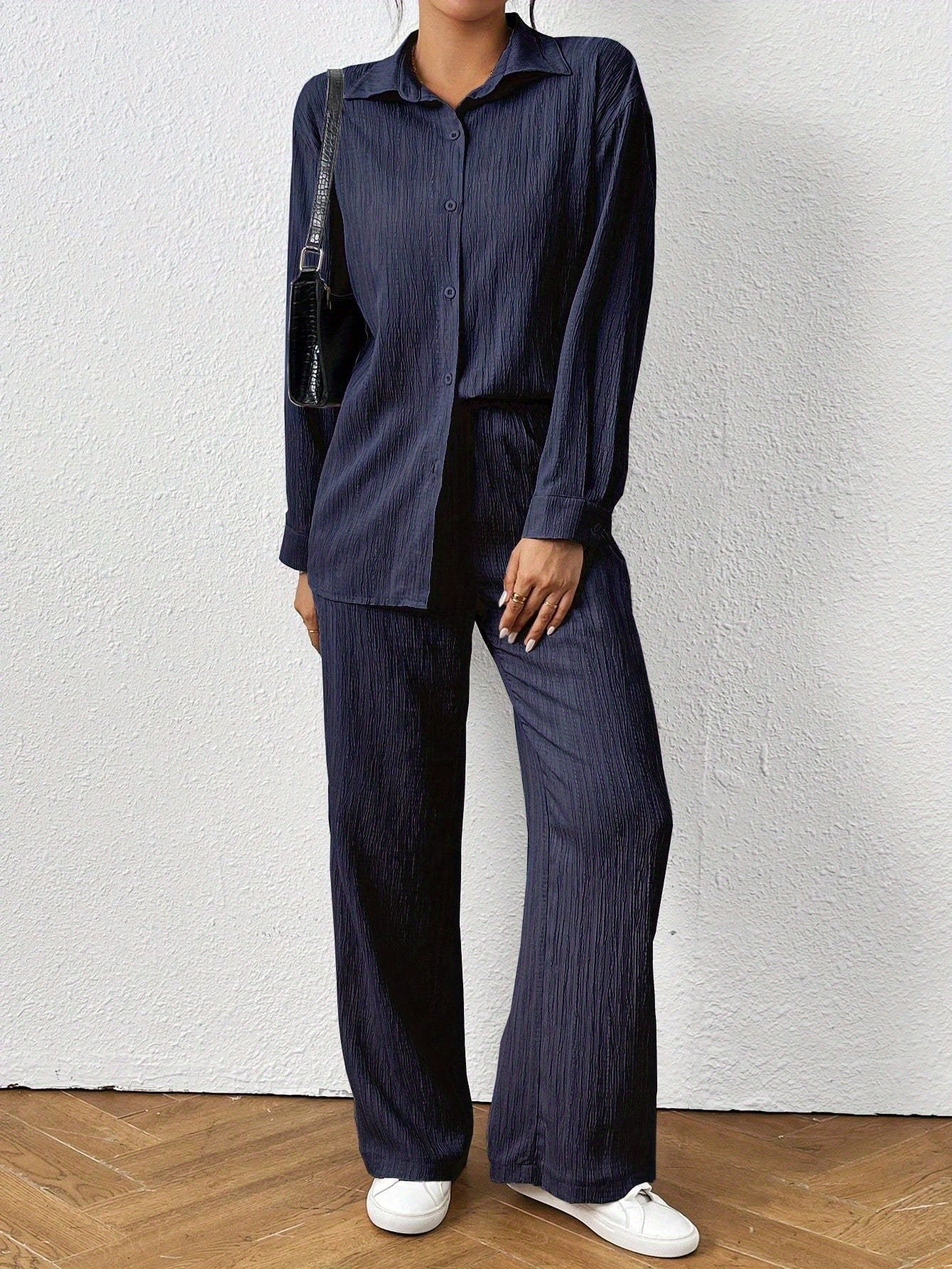 2pcs Women Spring & Autumn Casual Solid Color Long Sleeve Shirt And Pants Set