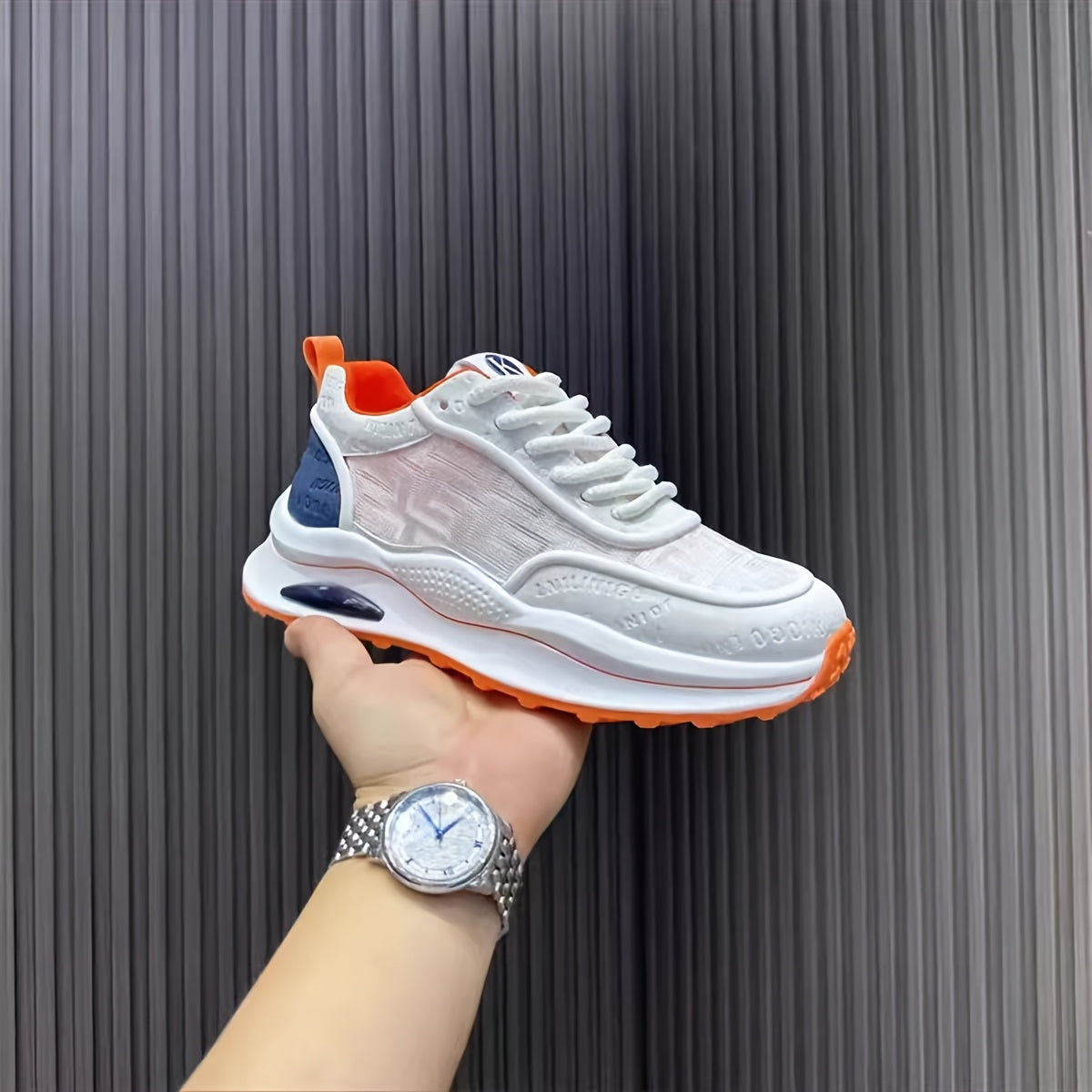 Men's Lightweight Breathable Low-Top Sneakers - PU Upper & PVC Sole, White/Navy/Red Accents, Lace-Up Round Toe for Casual, Outdoor, Running & Gym - All-Season Comfort Shoes, Casual Footwear, Geometric Pattern, Comfortable Fit