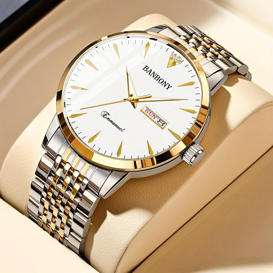 Banbony Unisex Stainless Steel Quartz Watch with Rhinestone Accents, Water-Resistant IPX7, Sleek HD Dial, Date Display, Golden-Tone Finish - Ideal for Casual Wear, Parties, and Gifts