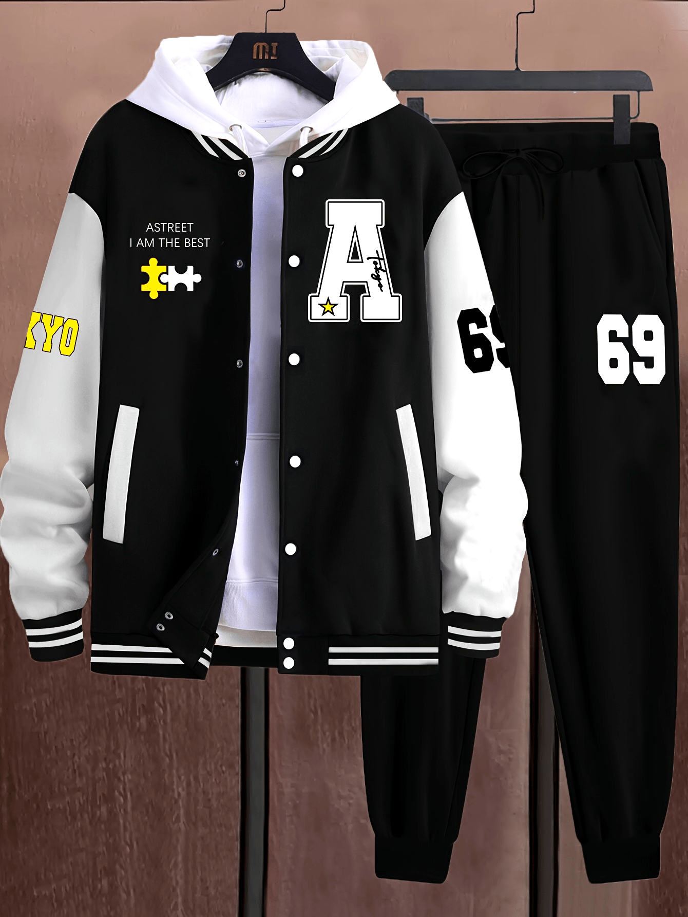 Athleisure Essential, Men's Casual 69pcs Set: Color Block Varsity Jacket & Joggers with A-69 Print - Polyester, Baseball Collar, Pockets - Perfect for Fall/Winter