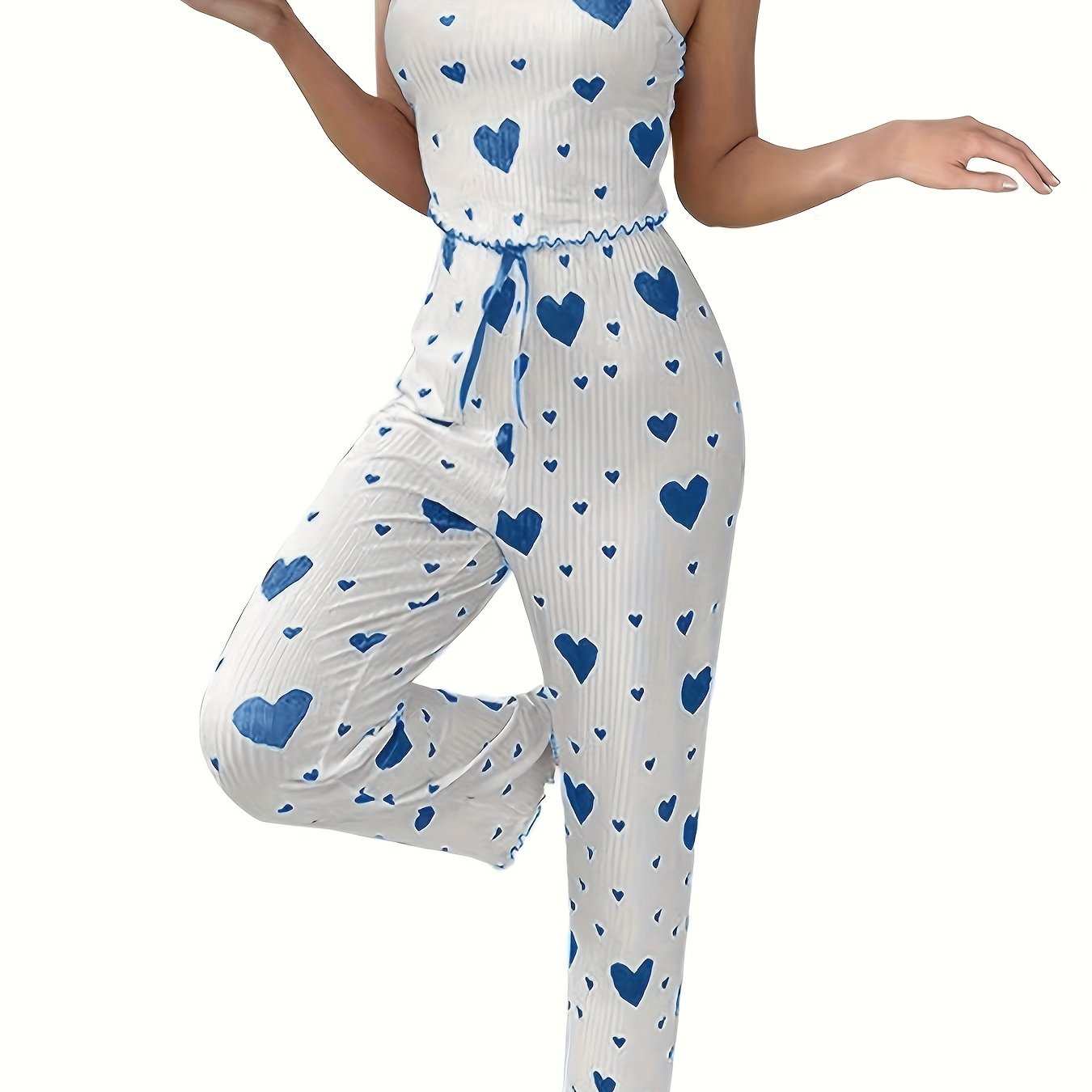 2024 Autumn Women'S Sexy Heart Print Spaghetti Strap Pajama Set - Sleeveless Striped Lounge Wear with Ribbed Detail, Perfect for Fall and Spring, Casual Attire|Heart Print Top|Strapless Desig