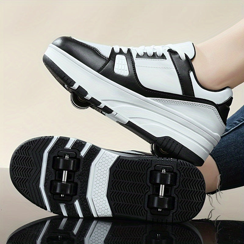 Boys' Fashion Roller Skate Footwear - Non-Slip Dual Wheel, Lace-Up with Durable Buckle Straps, Black & White, Suitable for All Seasons