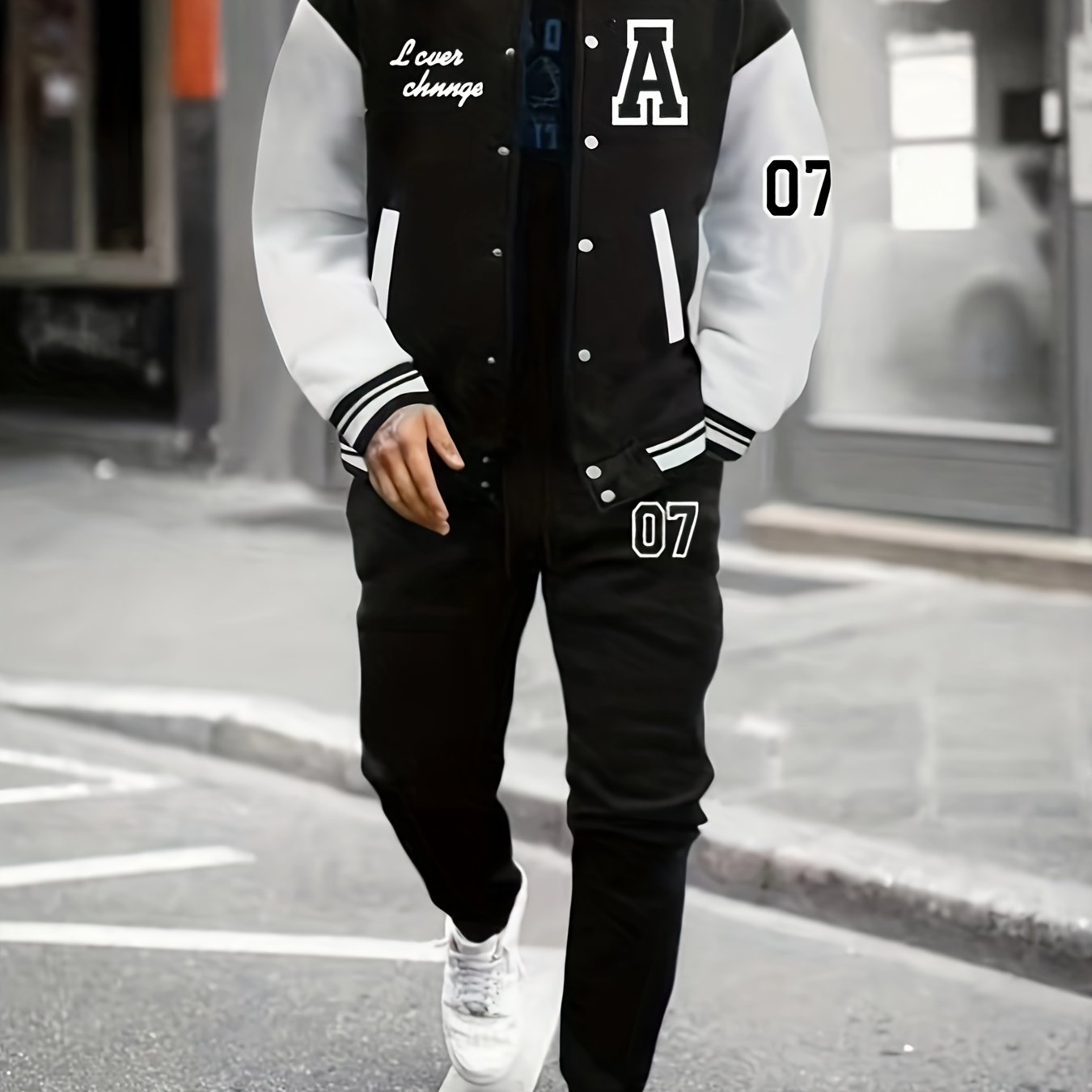 Men'S A07 Sporty Casual Baseball Outfit - Black & White "A" Print Jacket with Pockets, Matching Pants, Polyester Blend, Fall/Winter Wear, Casual Sportswear | Letter Print Jacket | Knit Construction, Baseball Attire