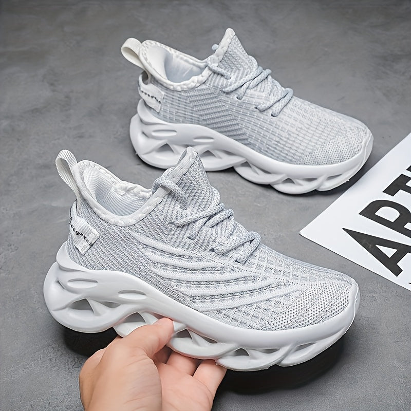 Boys' Breathable Knit Sneakers - Lightweight Running & Training Shoes with Air Cushion, Non-Slip MD Sole, Lace-Up Design, Available in Black & White