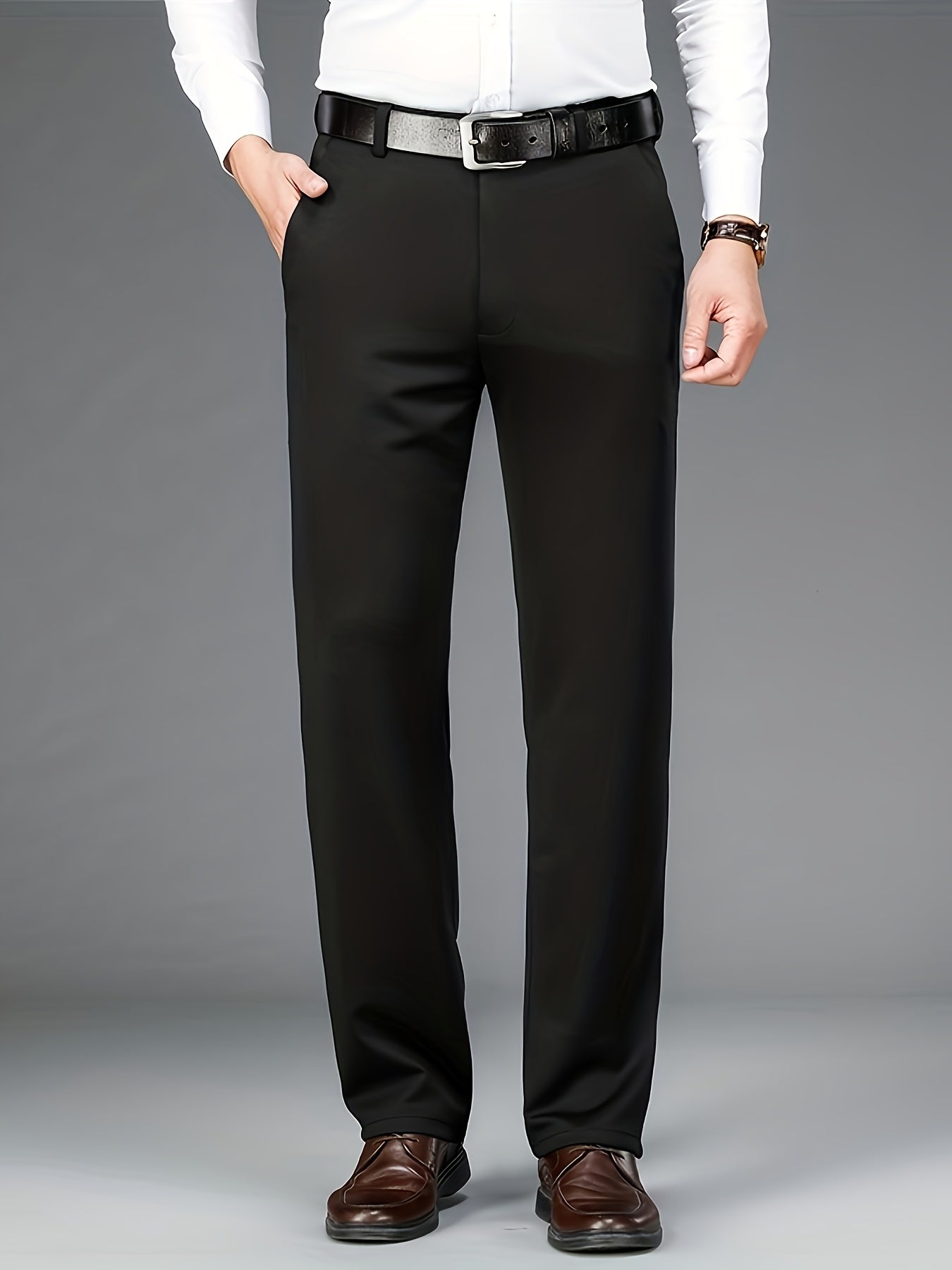 Men'S Classic Black Dress Pants - Nylon Blend, Straight Leg, Straight Leg Pants for Business Occasions