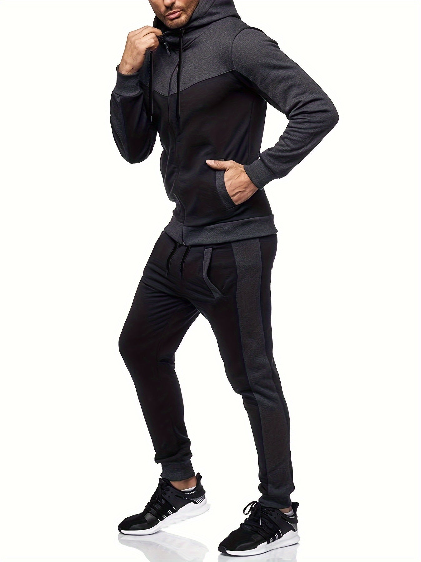Men'S Casual Hoodie Set for Autumn And Winter, Featuring a Hooded Sweatshirt And a Sporty Cardigan in a Patchwork Design.
