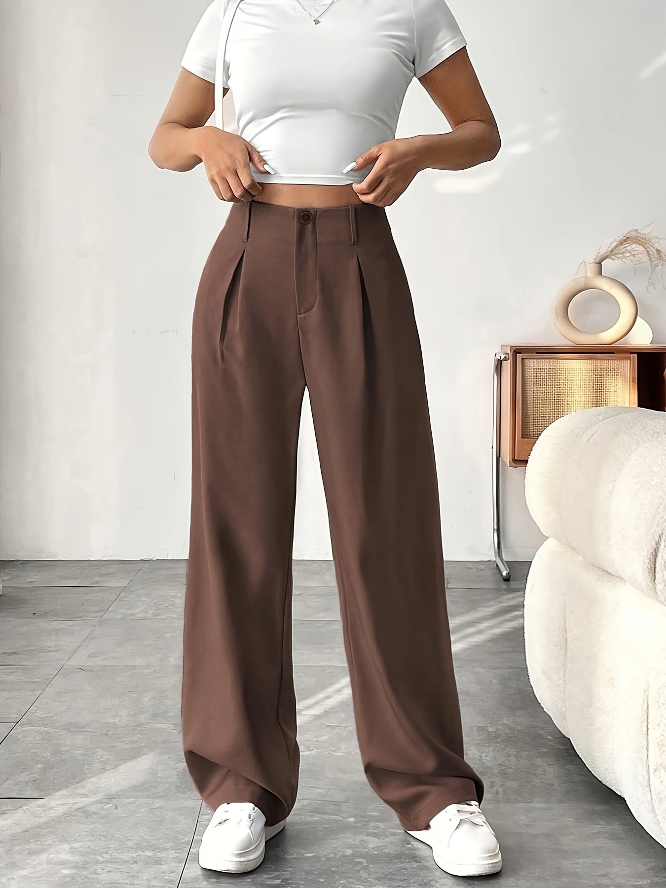 Elegant Style, Women's Elegant Black Straight-Leg Pants with Pockets - High Waist, Polyester Blend, Machine Washable, Ideal for Office and Casual Settings