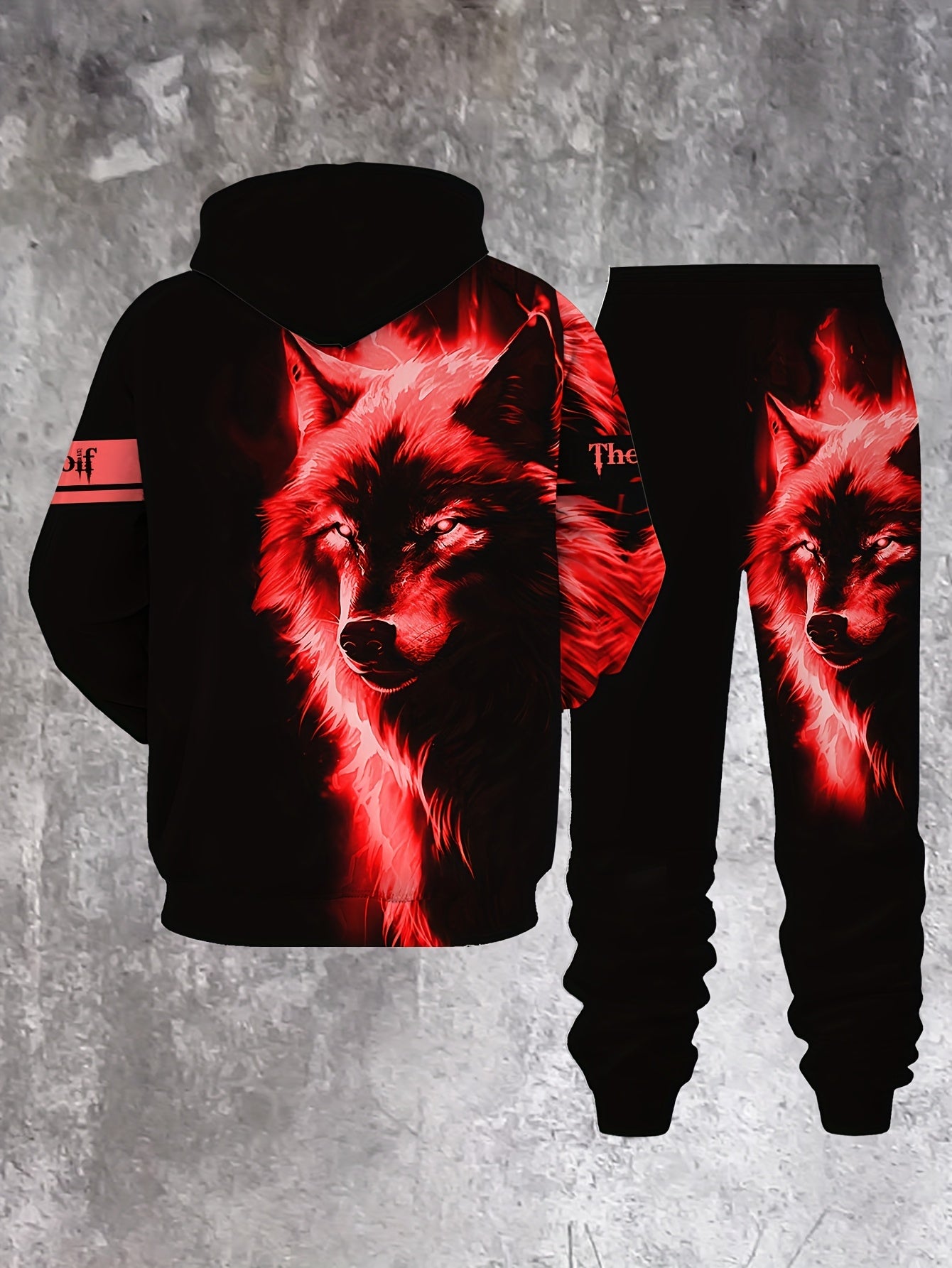 Men'S Wolf Print Hooded Sweatshirt and Joggers Set, Casual Polyester Knit Fabric, Slight Stretch, Regular Fit, Comfortable Long Sleeve Pullover for Spring/Fall, Weekend Casual Wear
