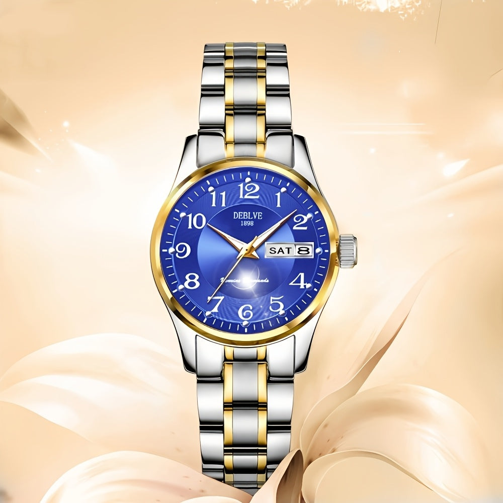 DEBLVE Women'S Watch - Glowing Face, Steel Strap, Week Calendar Display, Perfect Present for Birthdays, Celebrations, And Anniversaries