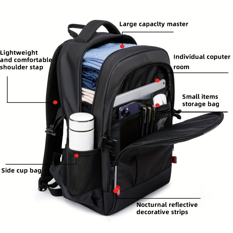 A Spacious, Minimalist, Lightweight, And Breathable Backpack Made of Oxford Cloth, Suitable for a 15.6-Inch Laptop. It Features a Luminous Safety Logo, Making It Ideal for Business Travel for Both Men And Women, As Well As fo