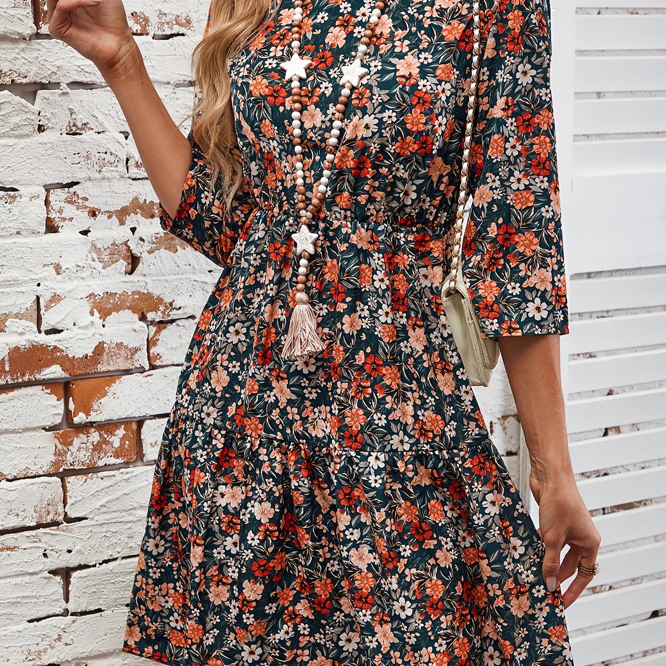 Elegant Floral Print Midi Dress for Women - Crew Neck, 3/4 Sleeve, A-Line with Ruffle Hem, Machine Washable - Perfect for Fall, for Autumn, Spring