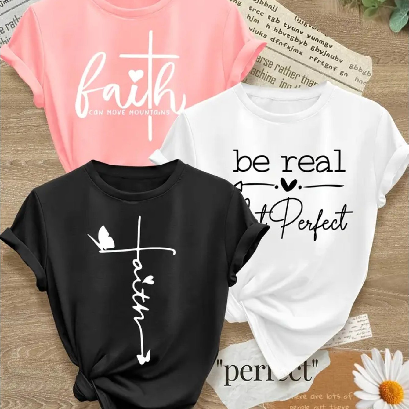 Creative Design Sense Element Printed T Shirt 3pcs Set, Summer and Spring Short Sleeve Round Neck Casual Tops Multi Sets, Women's
