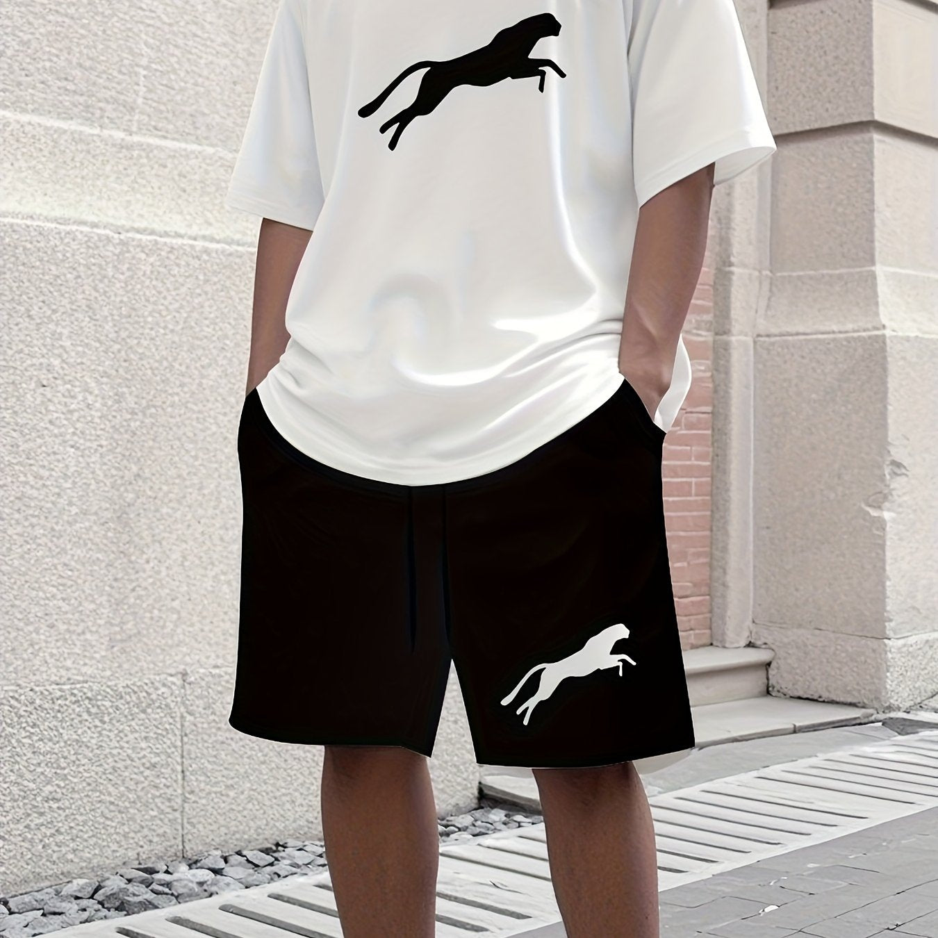 Leopard Print 3D Printed Men's Casual Sportswear Set - Breathable Polyester Knit Fabric, Crew Neck Short Sleeve T-Shirt and Shorts Combo, Regular Fit for All Seasons