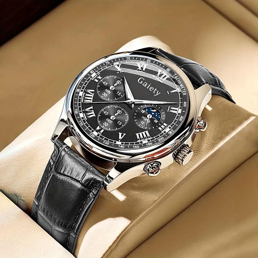 1pc GAIETY Men'S Luxury Quartz Watch with Matching Faux Leather Belt, Round Alloy Case, Non-Rechargeable Battery - Fashion Business Sport Watch Combo
