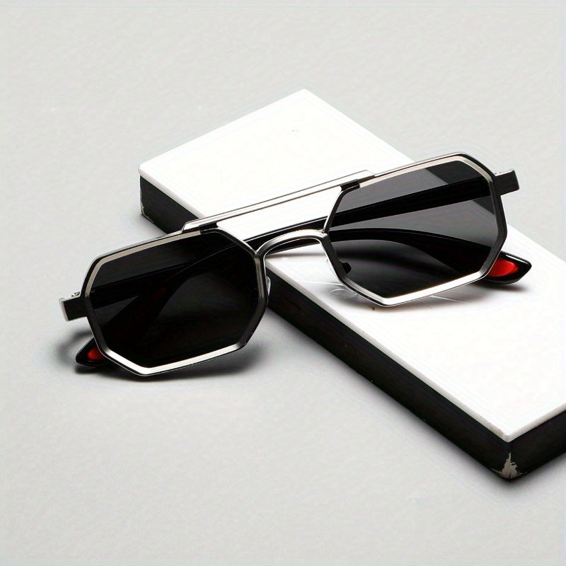 Unisex Geometric Metal Frame Fashion Glasses - Double Beam Design Decorative Eyewear for Everyday Casual Wear, Lightweight & Durable, Black Lenses, Stylish Accessory