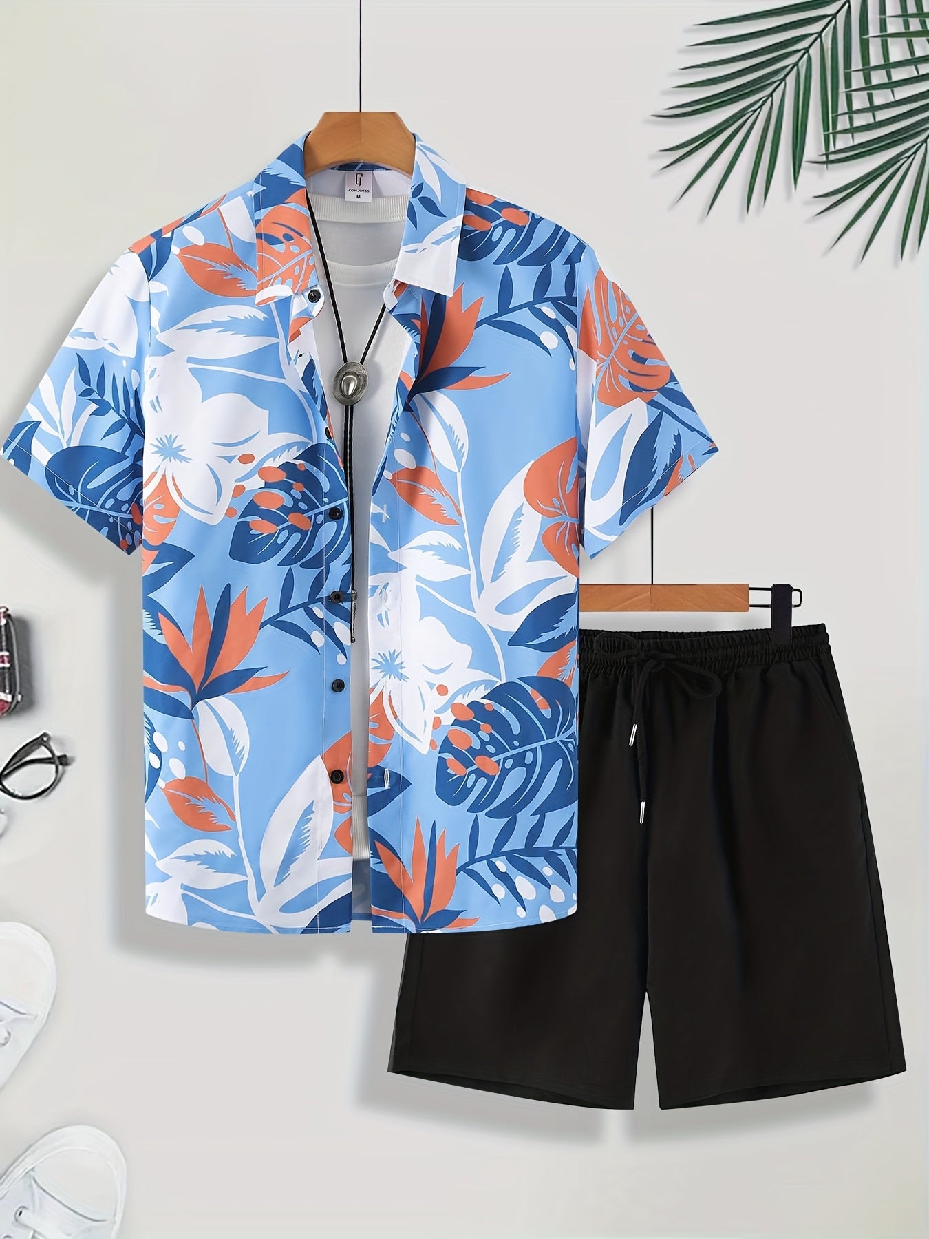 Men'S Tropical Palm Leaf Print Short Sleeve Shirt & Solid Black Shorts Set - Casual Summer Outfit with Drawstring Waist, Non-Stretch Fabric, Perfect for Beach or Vacation, Beach Attire | Tropical Print Shirt | Nonstretch Fabr