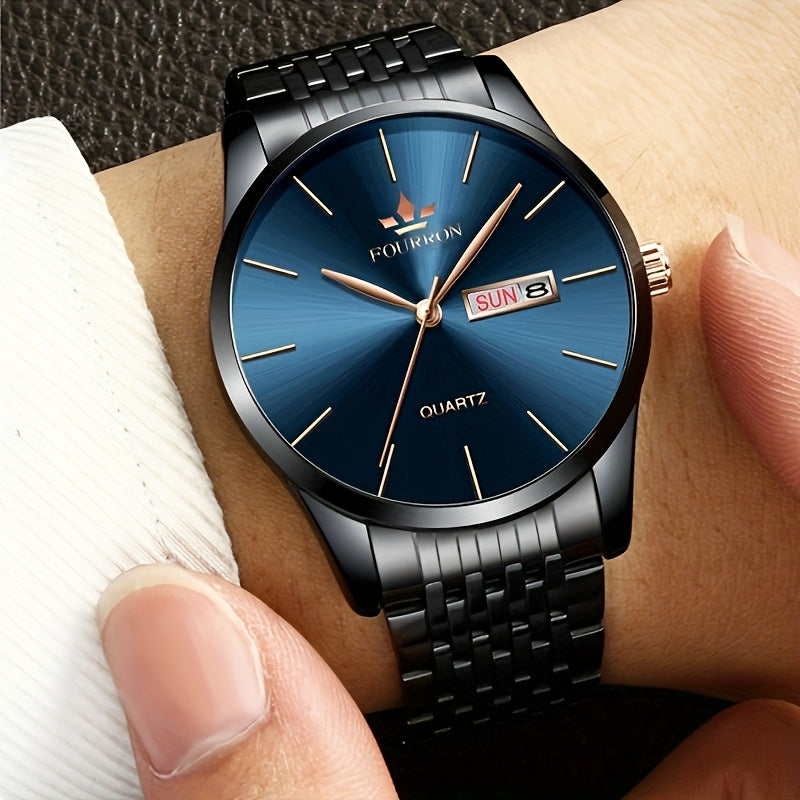 An Ideal Choice For A New FOURRON Brand Men's Luxury Stainless Steel Strap Simple Dial Quartz Watch With Date Calendar, Trendy Fashion Sports Casual Lifestyle Travel Multi-function Watch, Ideal For Friends' Birthdays, Holiday