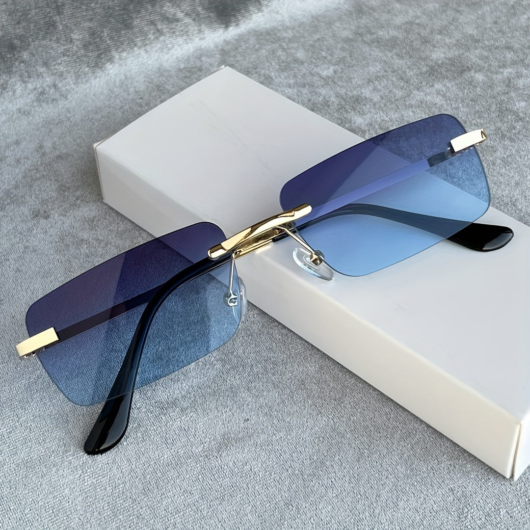 1 Pair Y2K-Inspired Rimless Fashion Glasses - Blue & Golden Frameless Eyewear with Polycarbonate Lenses, Lightweight Durable Rectangular Design for Men & Women, Casual Streetwear, Parties, Everyday Fashion Accessories, Party