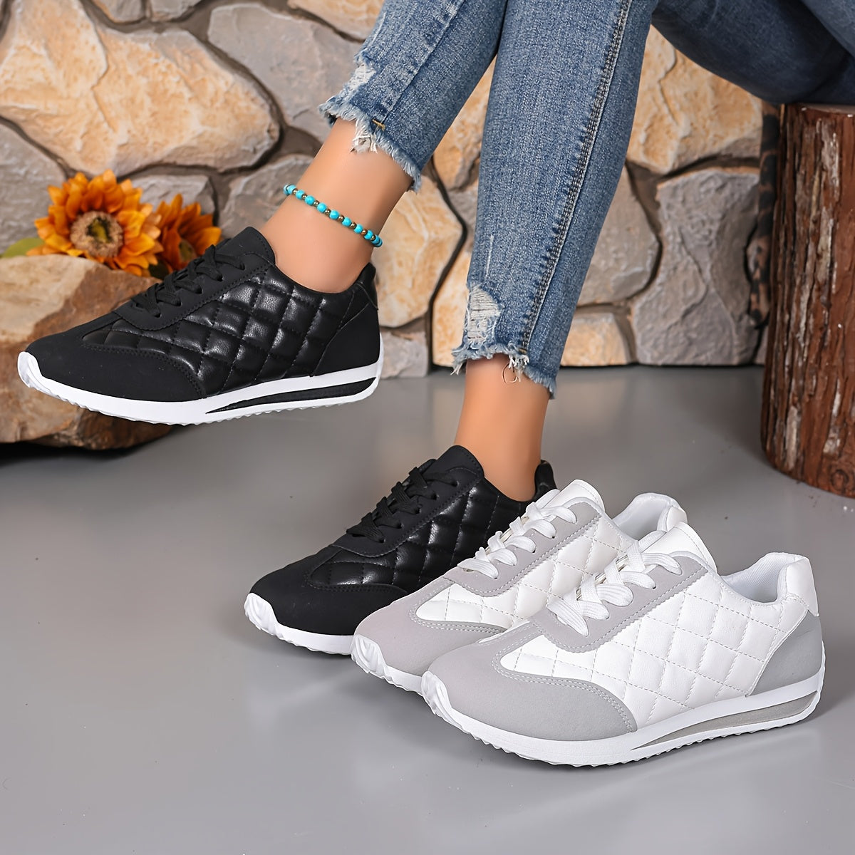 Women's Retro Athletic Sneakers - Lightweight, All-Season, Stability Support, Synthetic Leather Upper, Fabric Lining, TPR Sole, Quilted Design