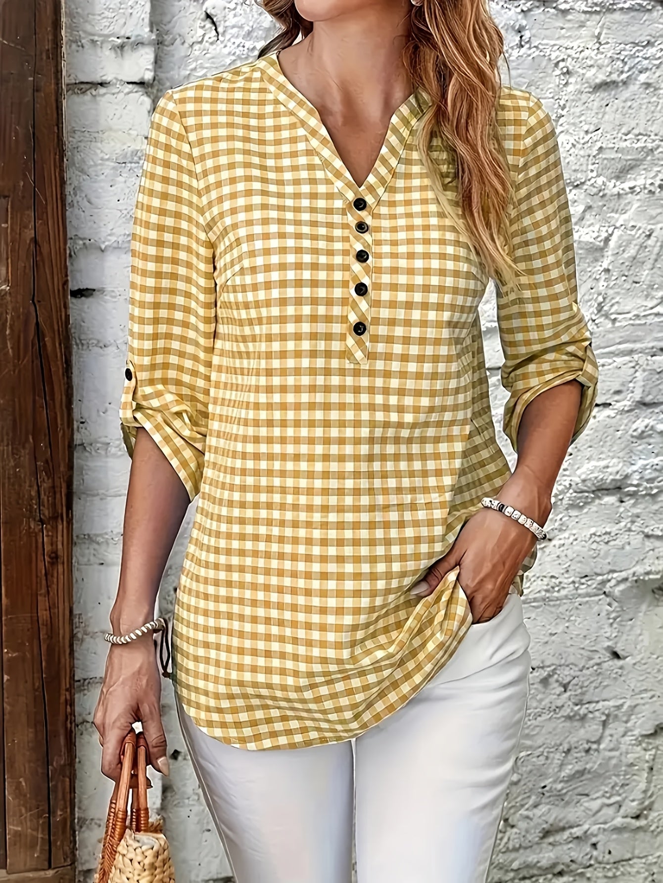 Women'S Casual Yellow & White Plaid Button-Up Shirt - Polyester, V-Neck, Long Sleeves, Casual Wear, Casual Wear|Plaid Pattern|Polyester Fabric