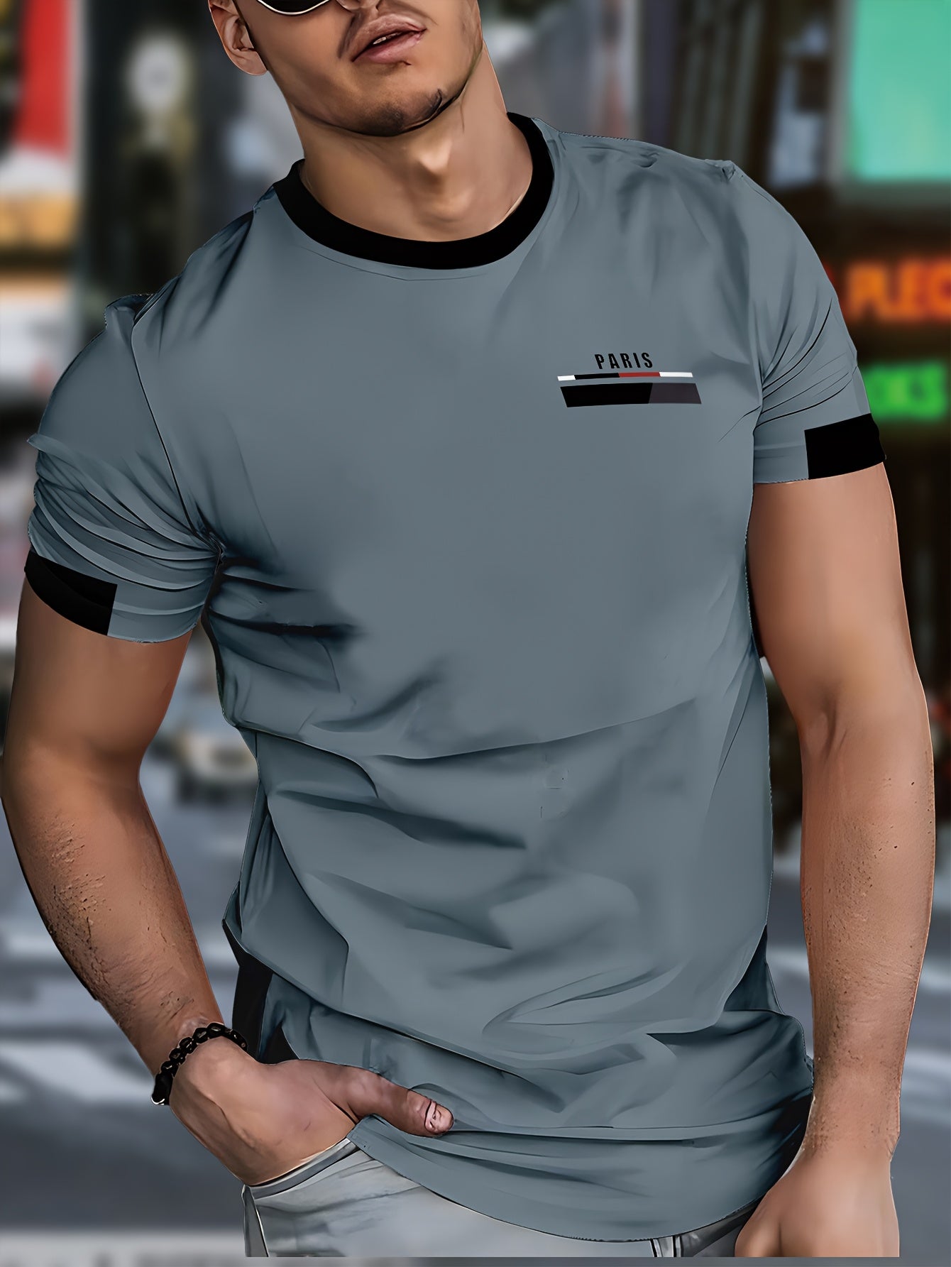 Men'S Paris Graphic T-Shirt - Green Polyester Crew Neck Tee with White Stripes & Print - Casual Sporty Knit Top for Casual Attire, Breathable Fabric
