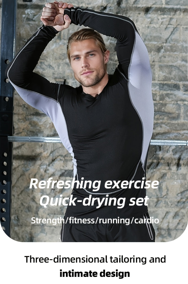 Men'S 3pcs Athletic Set, Breathable Mesh Long Sleeve Top, Skinny Fit Polyester & Spandex, Crew Neck, Solid Color, High Stretch, for Running, Basketball, Hiking, Training - Fall/Winter Sports Outfit